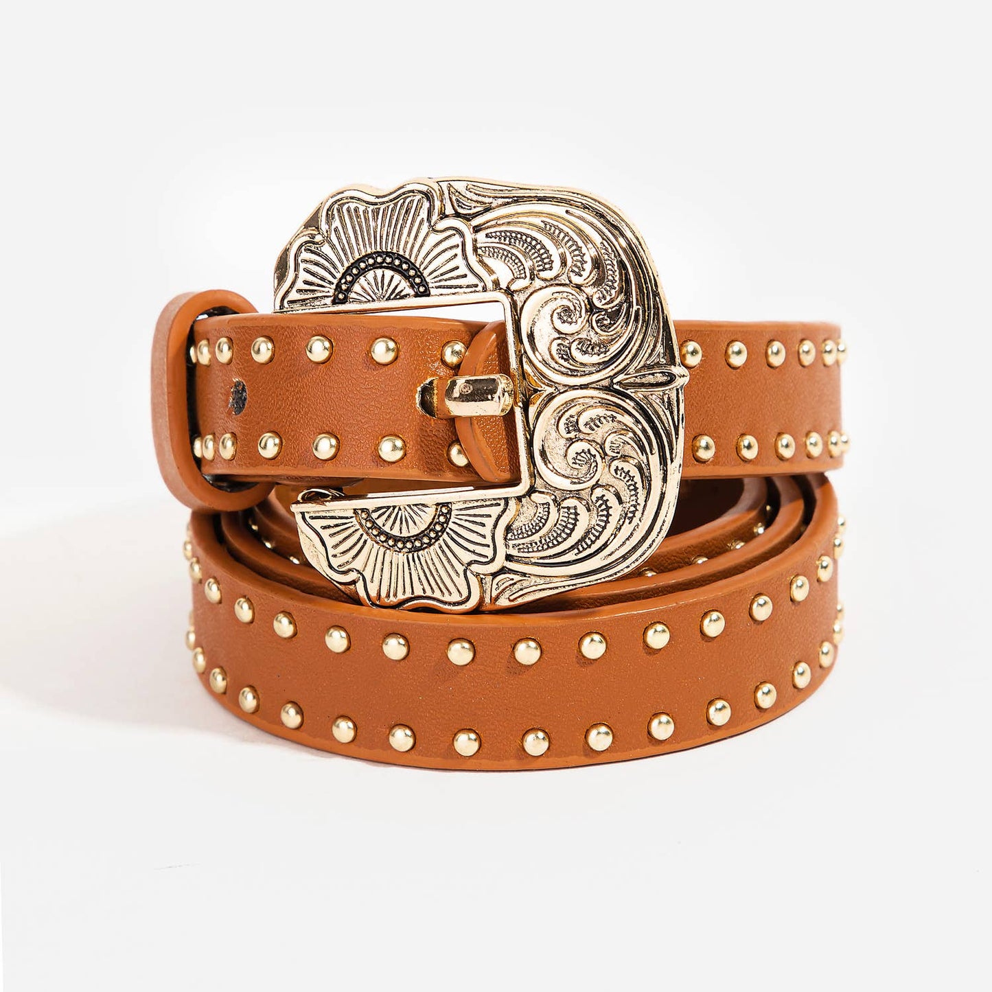 Studded Faux Leather Ornate Buckle Belt